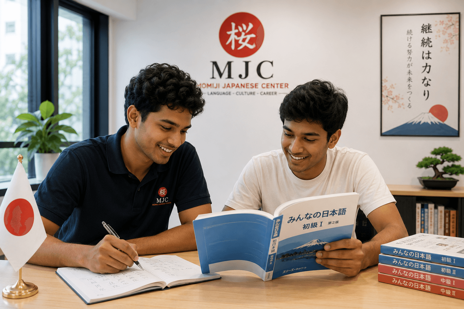 An MJC instructor working through a Minna no Nihongo textbook with a student