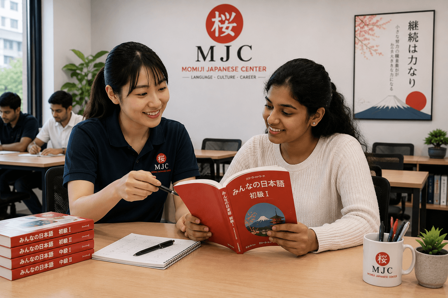 An instructor pointing out a passage in a student's Japanese textbook