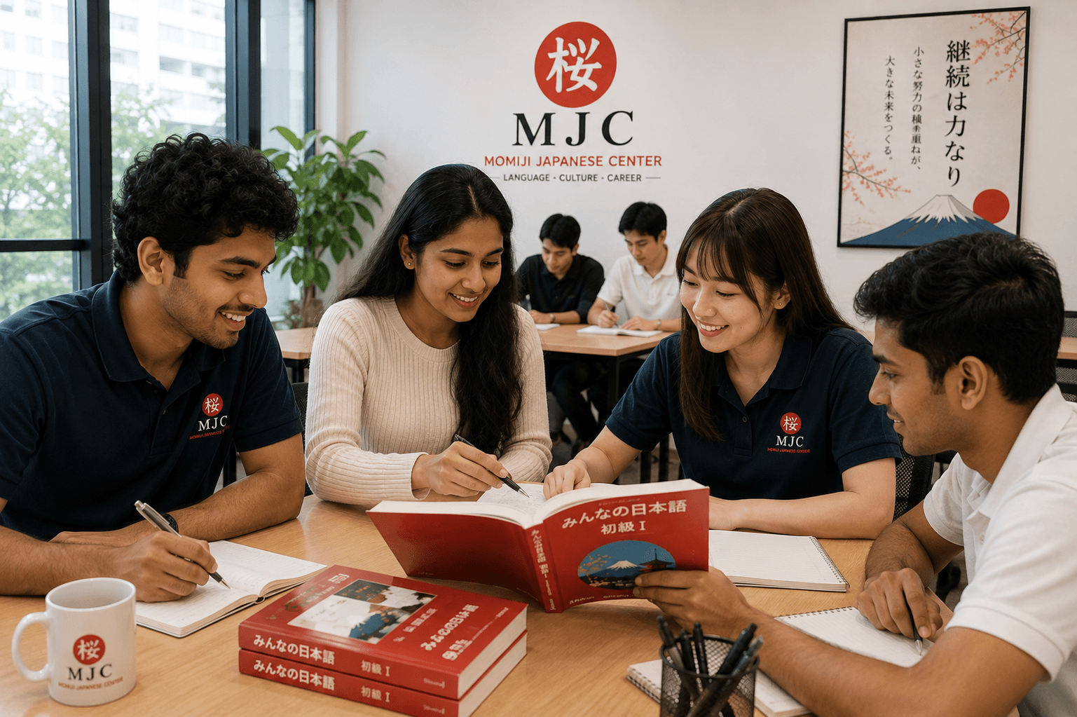 MJC staff and students studying an open Japanese textbook together