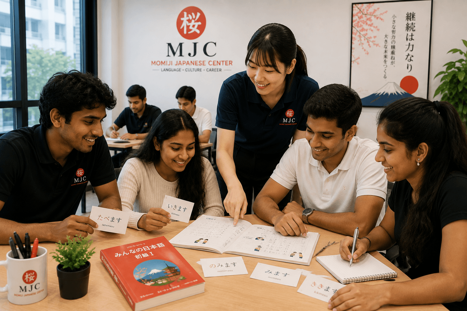Students practising Japanese verbs with hiragana flashcards