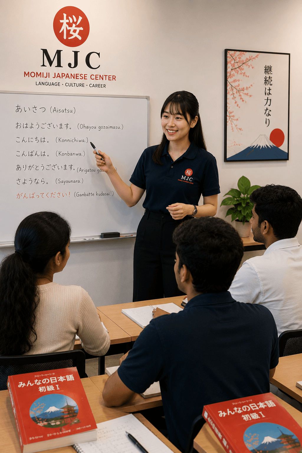 A teacher leading a class through Japanese greetings at the whiteboard