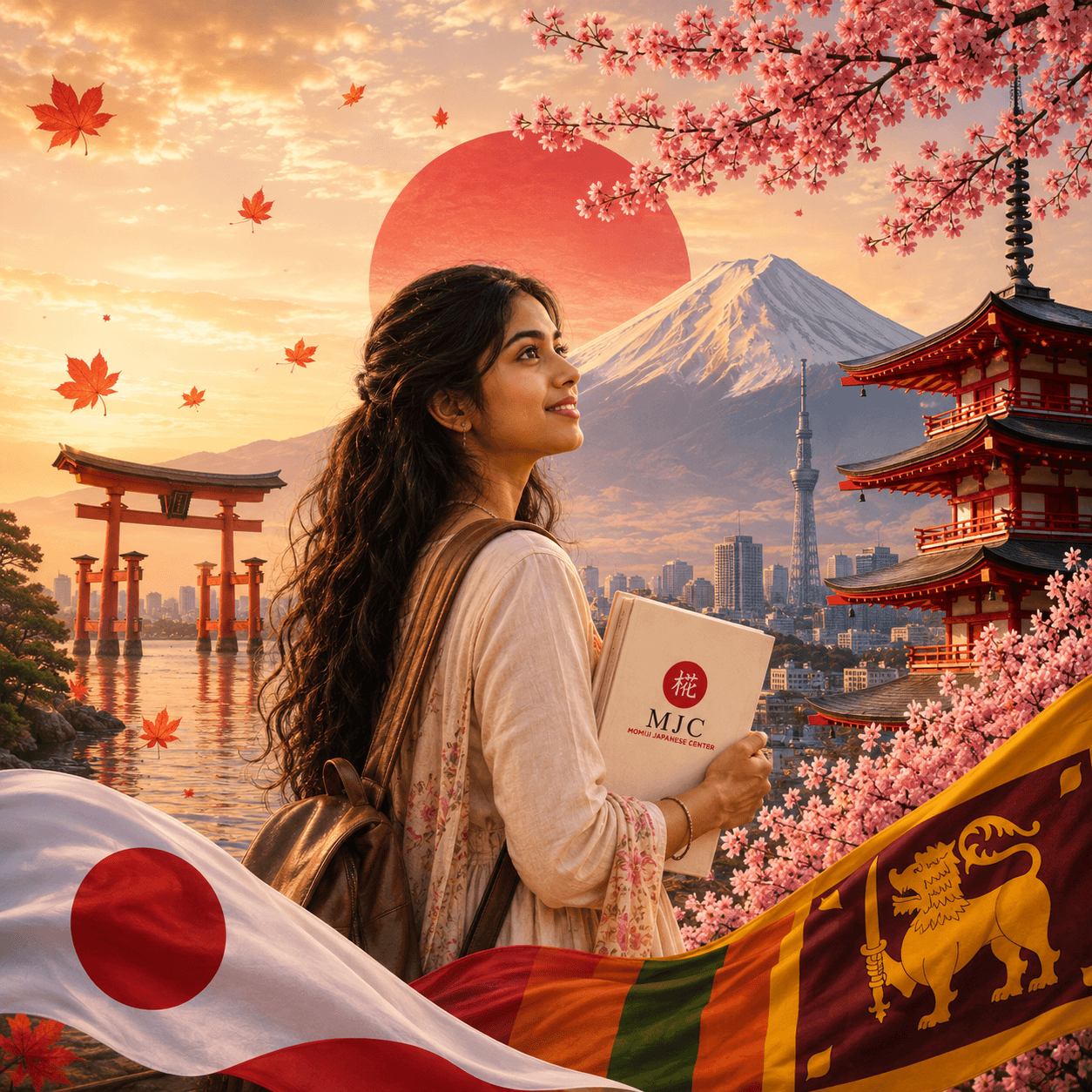 A Sri Lankan student looking towards Japan, with Mount Fuji, a torii gate, cherry blossom and the Sri Lankan and Japanese flags