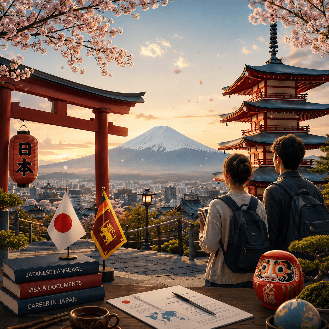 Two students looking out over Japan, with Mount Fuji, a torii gate and books on Japanese language, visa documents and careers